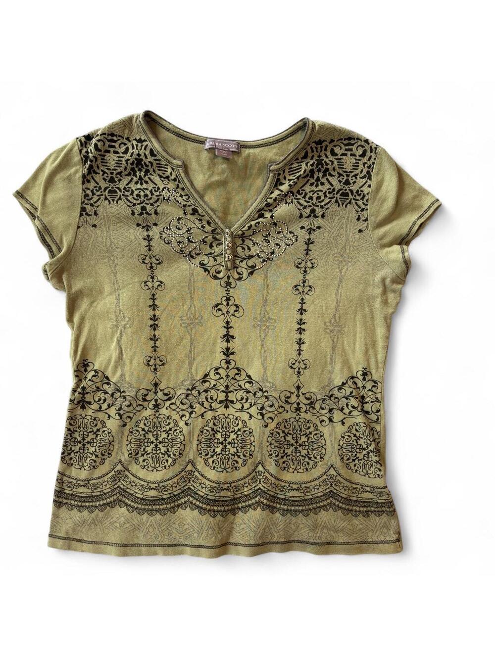 Laura Scott Vintage Olive Green Graphic Henley Top XL Rhinestone Y2k Baby tee